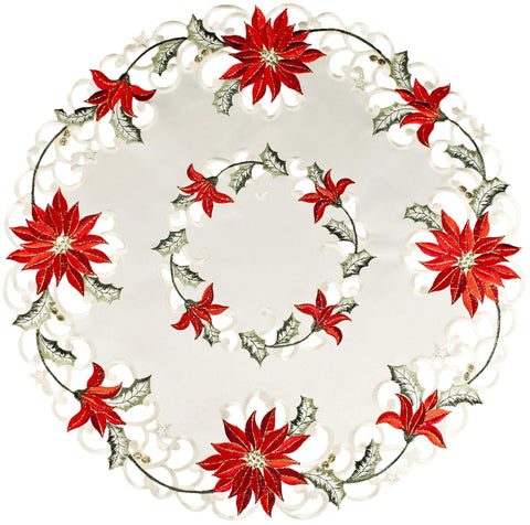 Linens, Art and Things: mantel individual redondo marfil con poinsettia bordado para mesa festiva