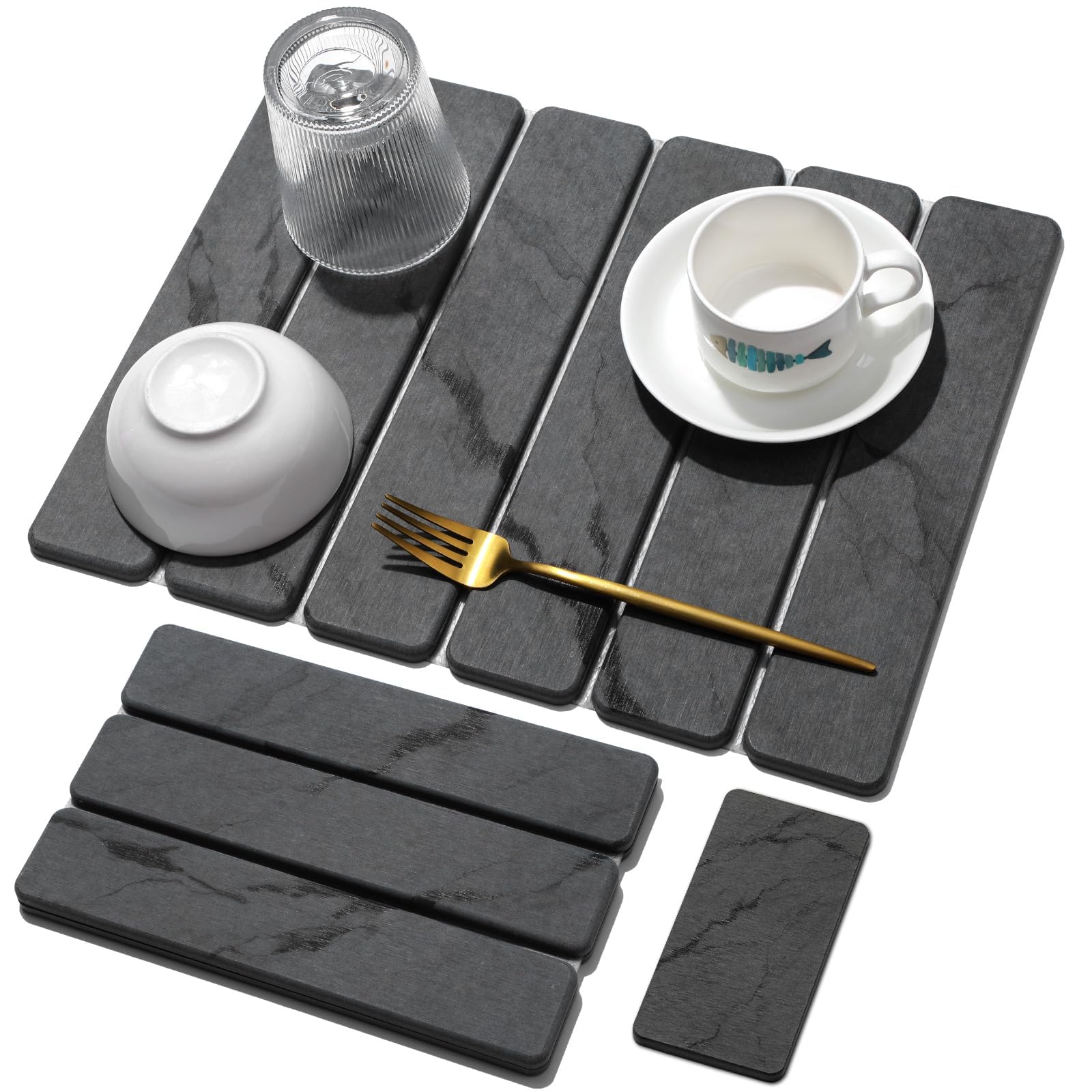 Linidcoud alfombrilla grande de piedra gris para secado de platos y utensilios.