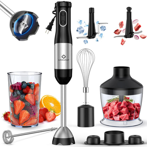La LINKChef batidora de inmersión 7 en 1 con cuchillas de titanio ofrece emulsiones suaves.