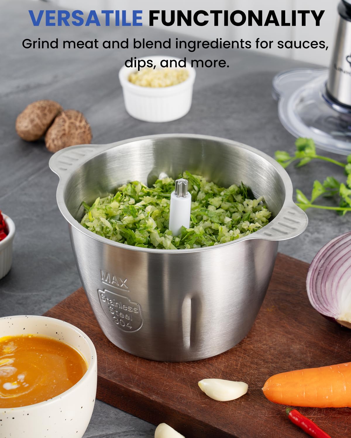 Ideal para preparar ensaladas, salsas y picados rápidos en casa.
