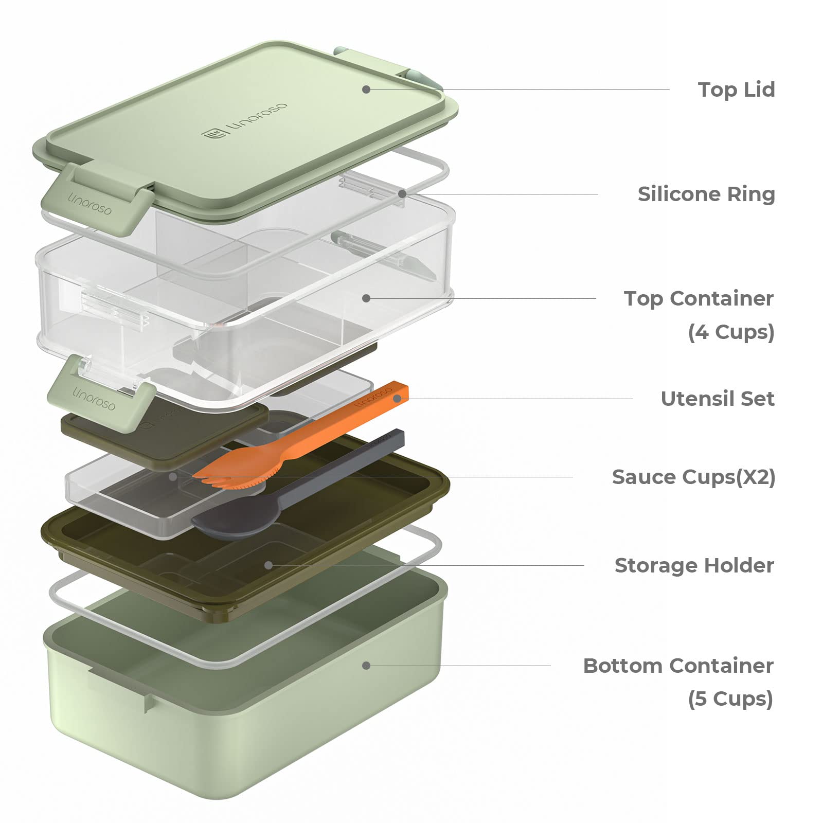 Linoroso Bento Apilable, vista superior con tres compartimentos para organizar comidas.