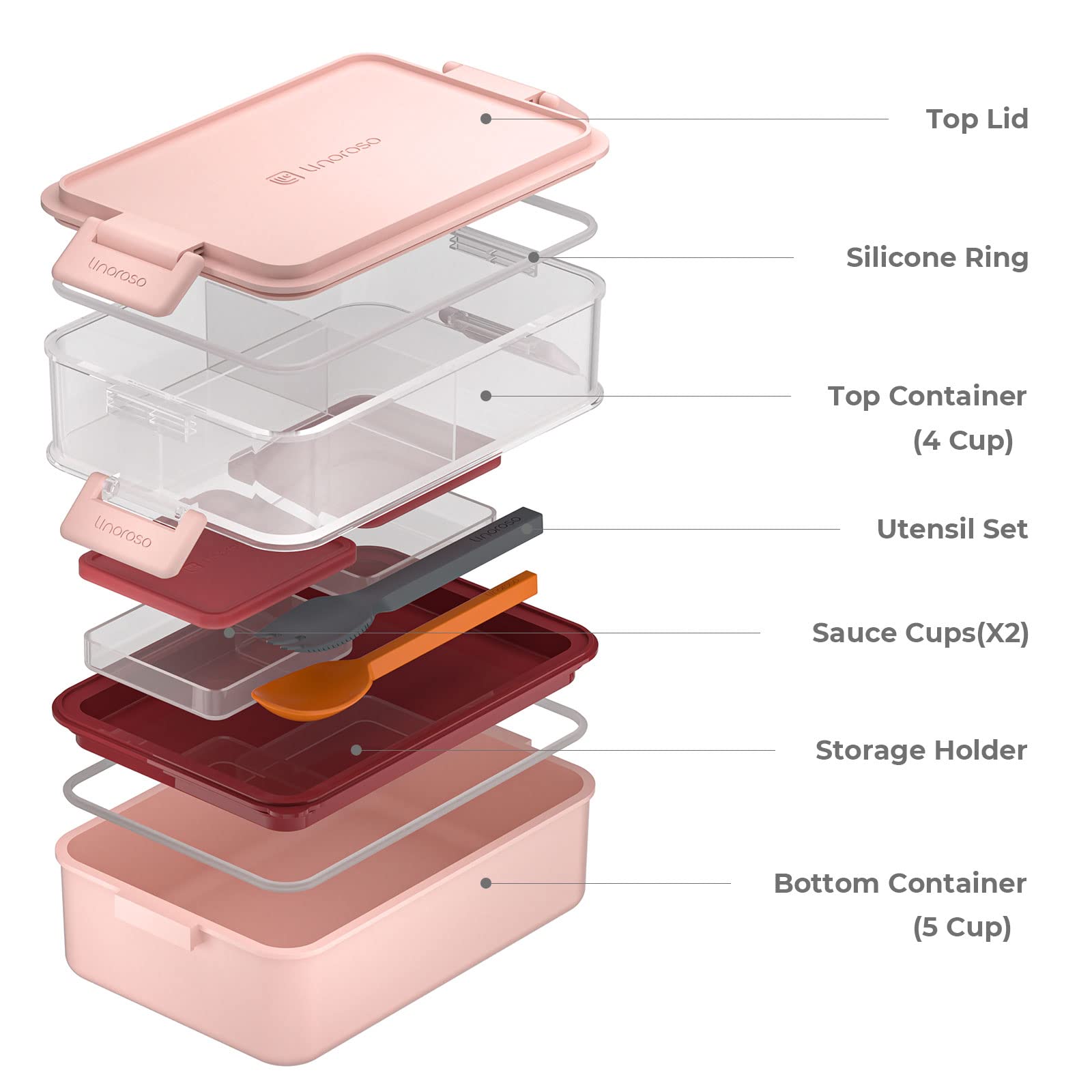 linoroso caja bento apilable superior con tres compartimentos para porciones controladas
