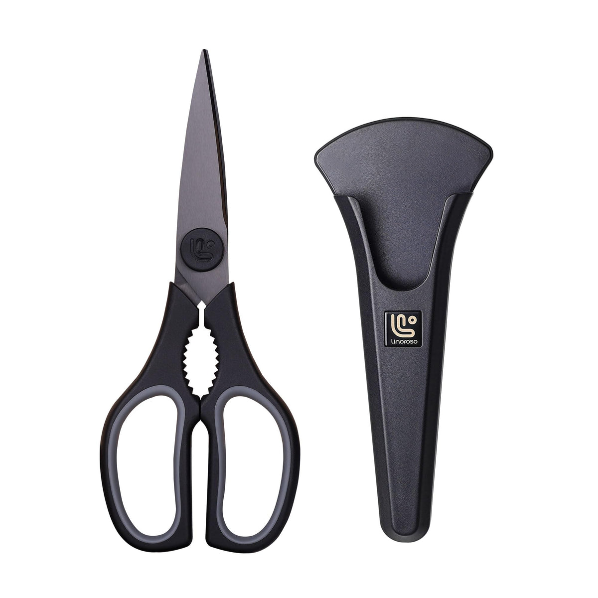 Linoroso tijeras de cocina con soporte magnético para almacenamiento seguro.
