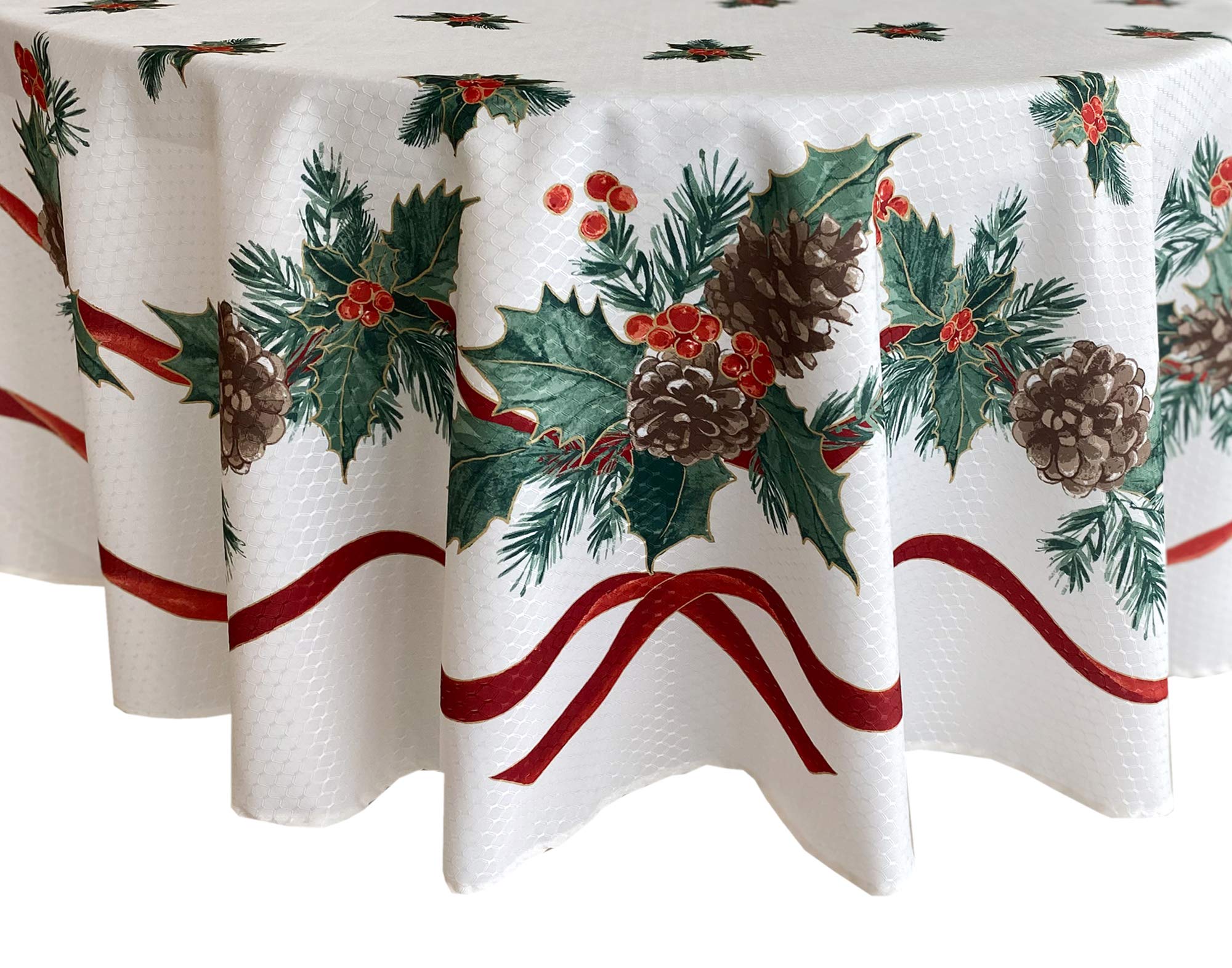 Lintex mantel navideño con guirnalda perenne y cinta roja para mesa