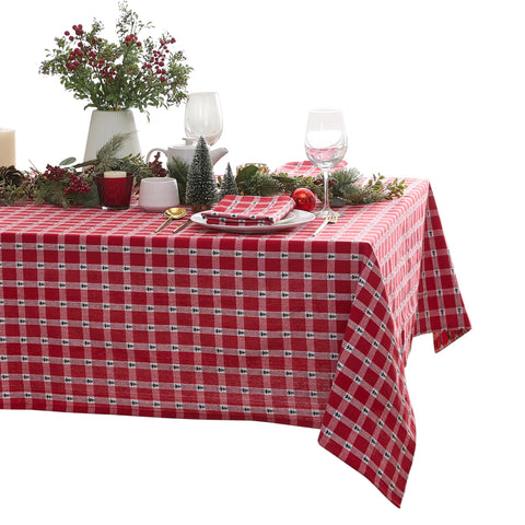 Mantel Lintex con arbolitos navideños en algodón, ideal para cenas festivas.