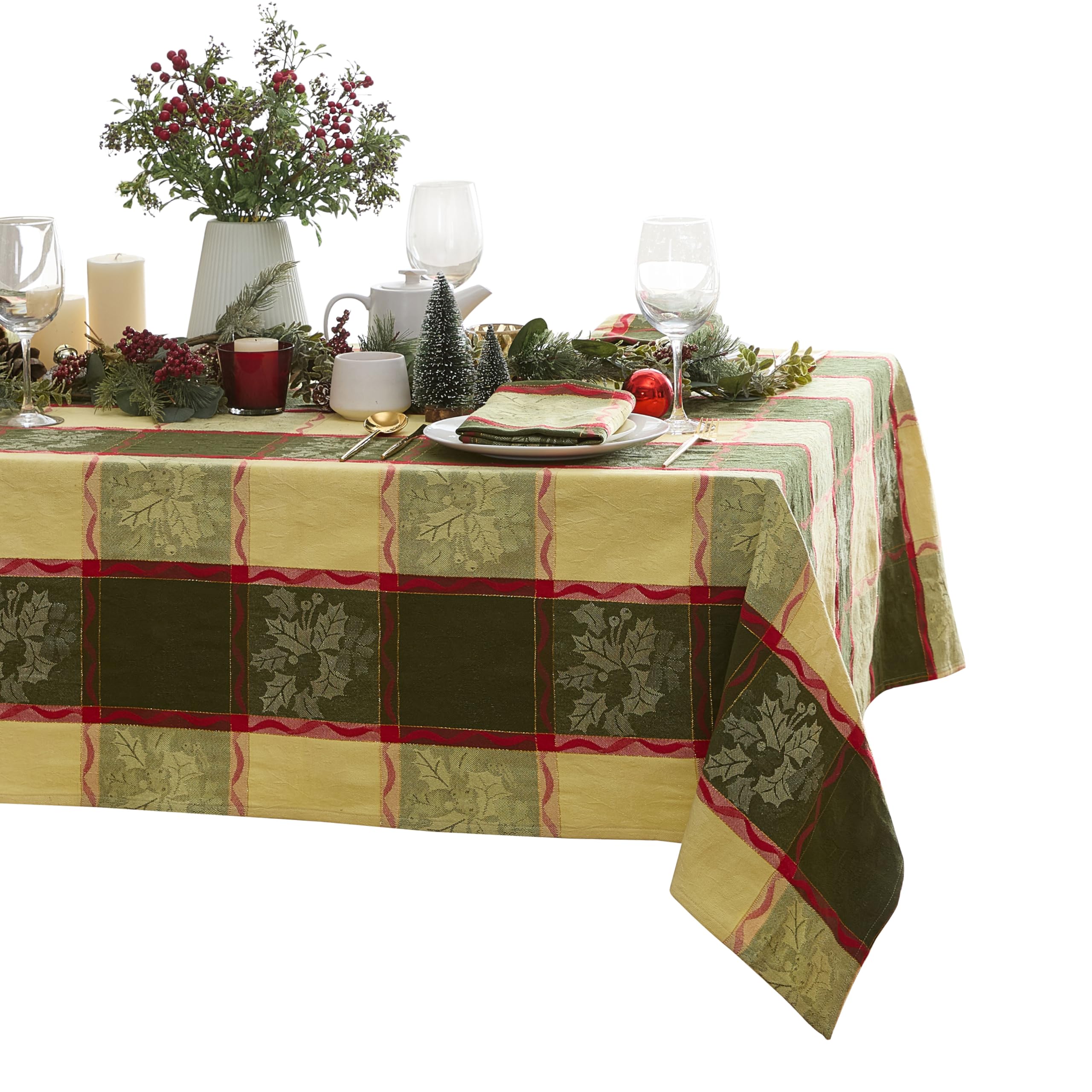 Mantel Lintex con hojas de muérdago doradas, ideal para cenas festivas.