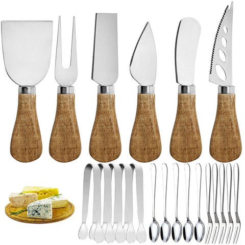 Linwnil set charcutería con cuchillos inox y mangos de madera para mesa elegante.