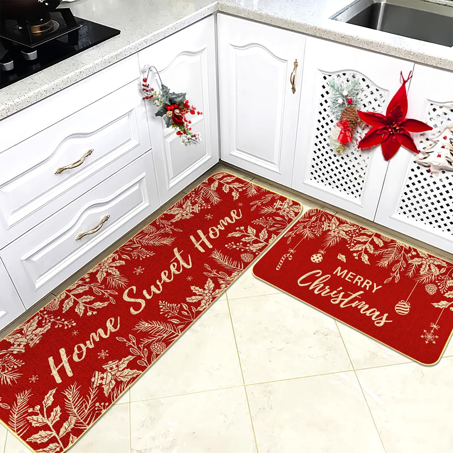 Decoraciones navideñas en alfombra LIOQUN para pasillos y entradas.