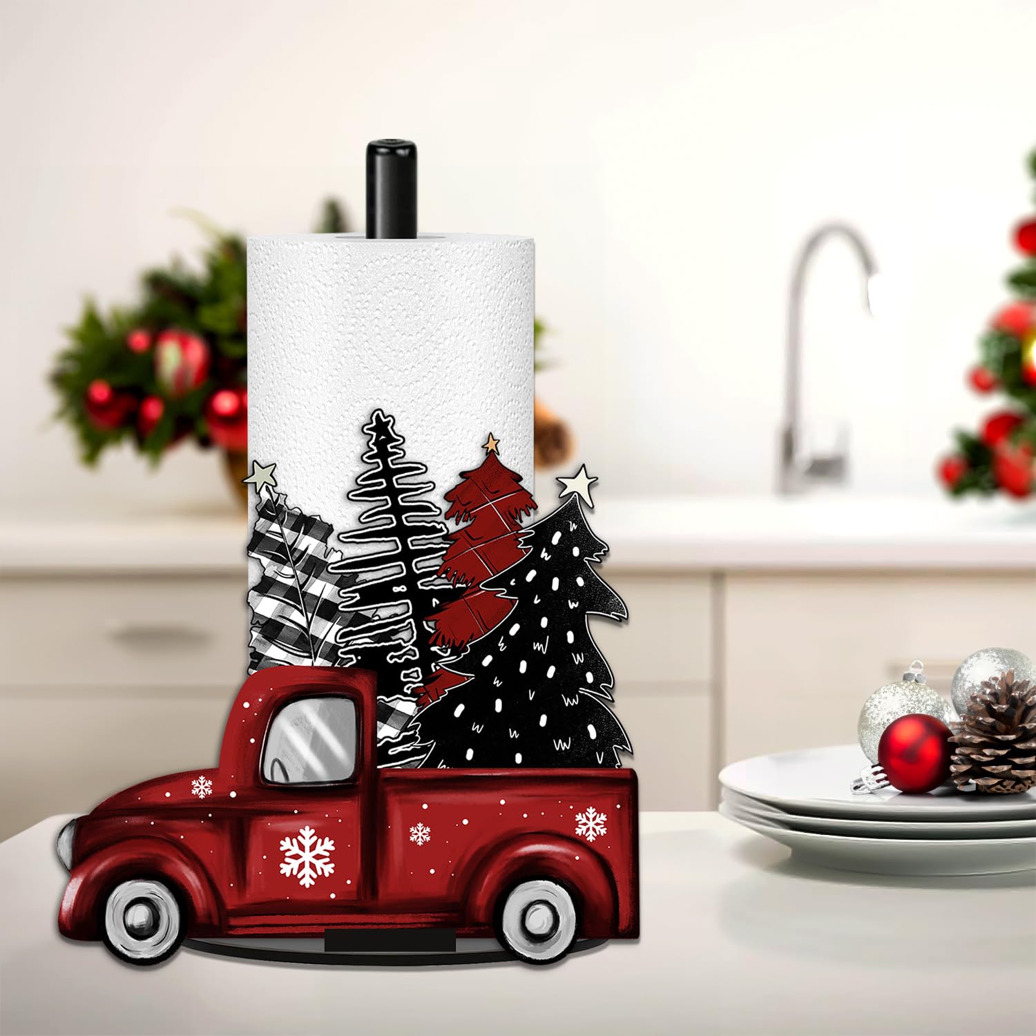 LIOQUN porta papel navidad, camioneta roja con árboles, base estable para cocina.