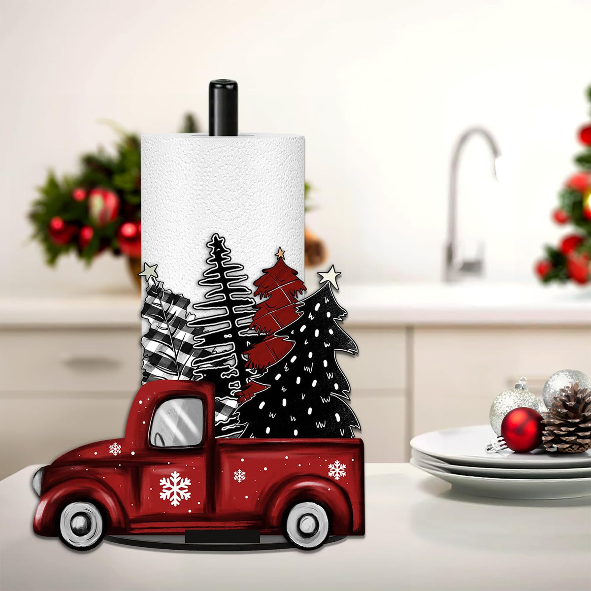 LIOQUN porta papel navidad, camioneta roja con árboles, base estable para cocina.