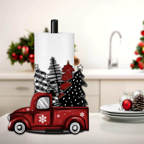 LIOQUN porta papel navidad, camioneta roja con árboles, base estable para cocina.