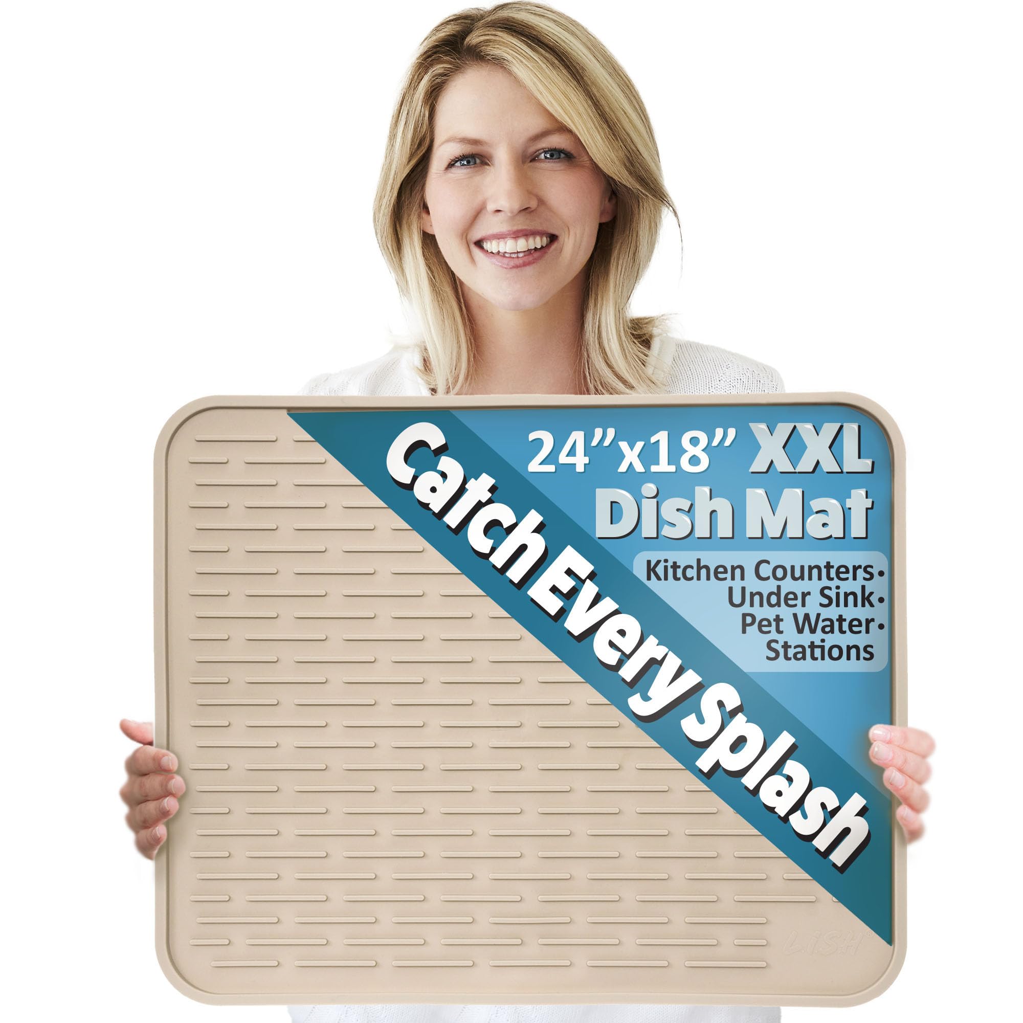 LISH XXL Alfombrilla de silicona para secar platos 24x18, gran superficie
