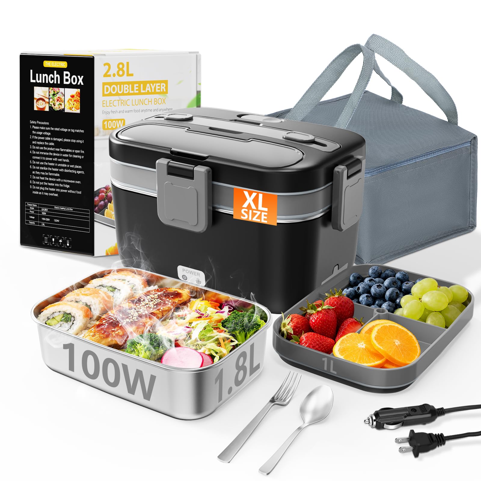 LISHZEN Lonchera eléctrica doble capa 28L con dos compartimentos para comidas completas.