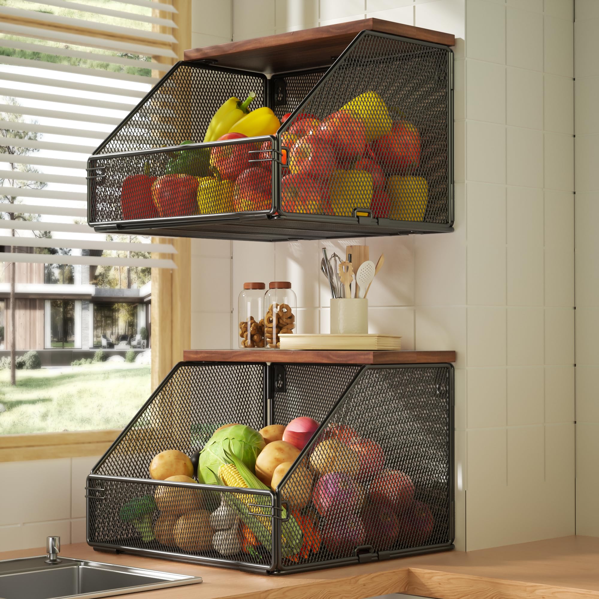 Litwaro cesto apilable para frutas con tapa de madera, optimiza la encimera.