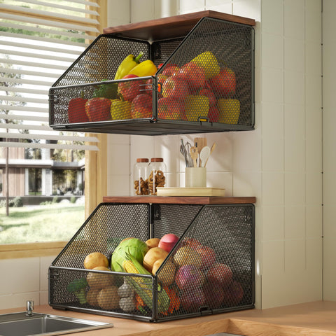 Litwaro cesto apilable para frutas con tapa de madera, optimiza la encimera.