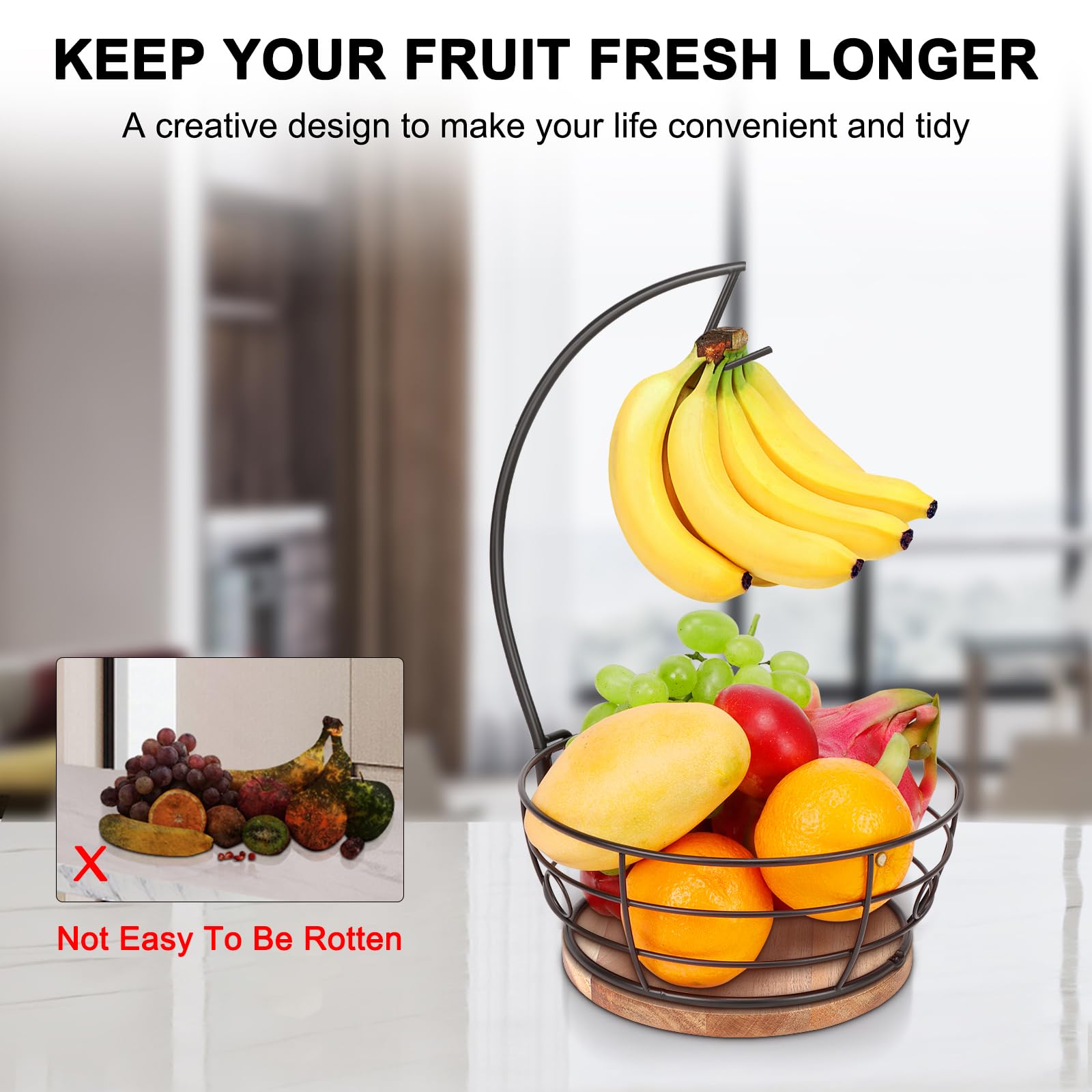 Livabber base-madera-gruesa-estabilidad: soporte firme para la cesta de frutas.
