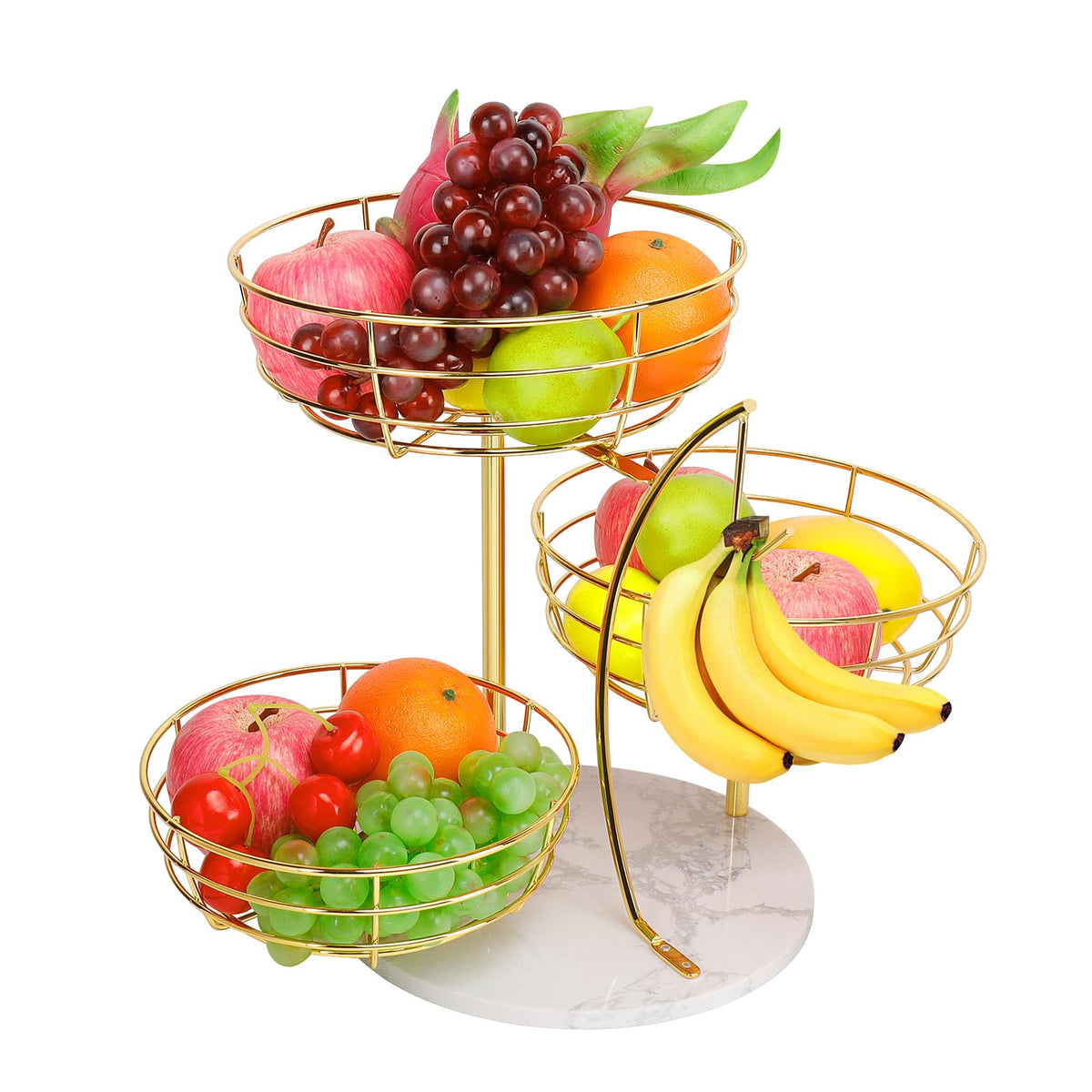 Livabber cesta de fruta tres niveles con gancho para bananos, organización eficiente.