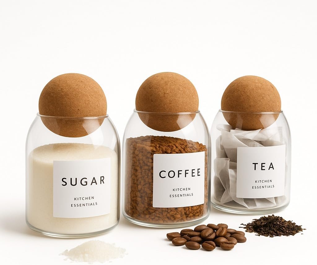 Livabl jarras de vidrio con tapa de corcho para café, té y azúcar sobre encimera