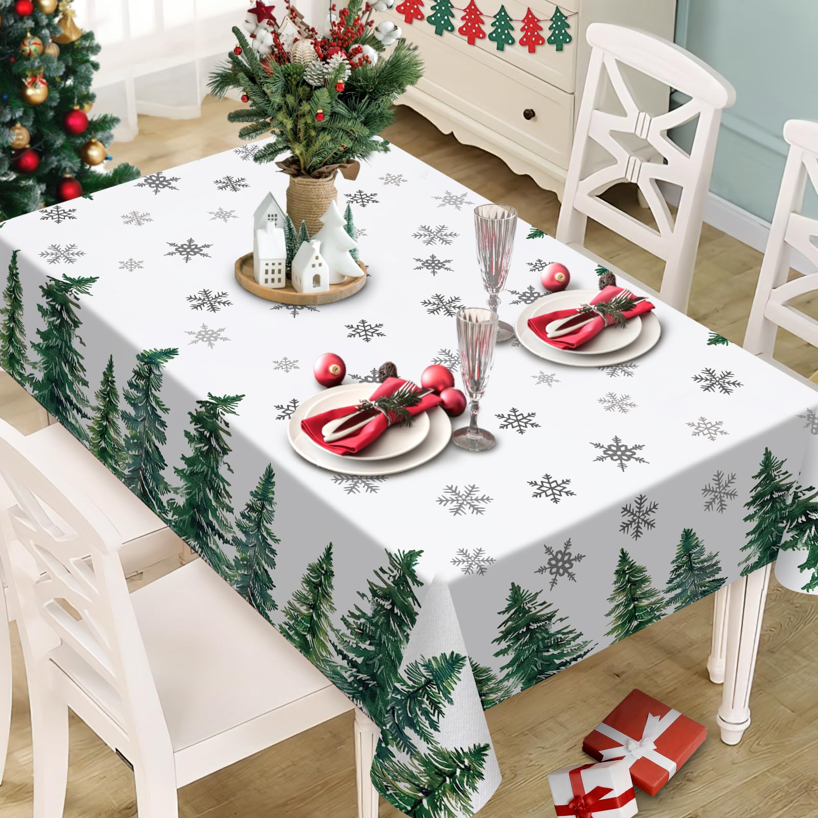 Mantel rectangular Livcoz Navidad con árboles nevados para cenas festivas.