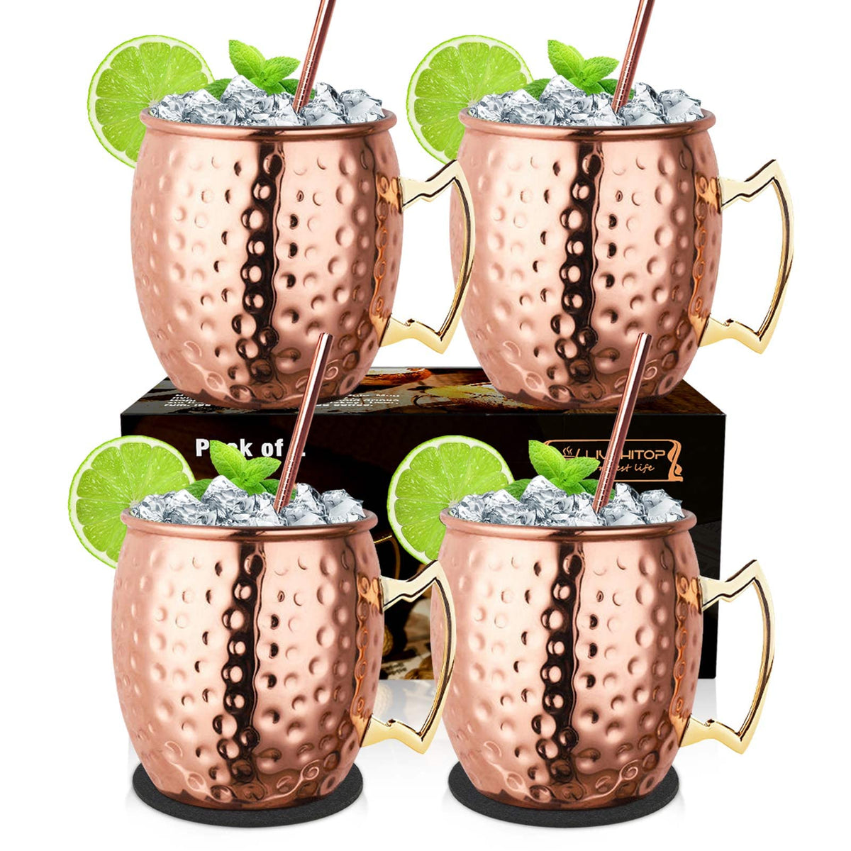 LIVEHITOP tazas Moscow Mule de cobre con juego de 4 para cócteles refrescantes