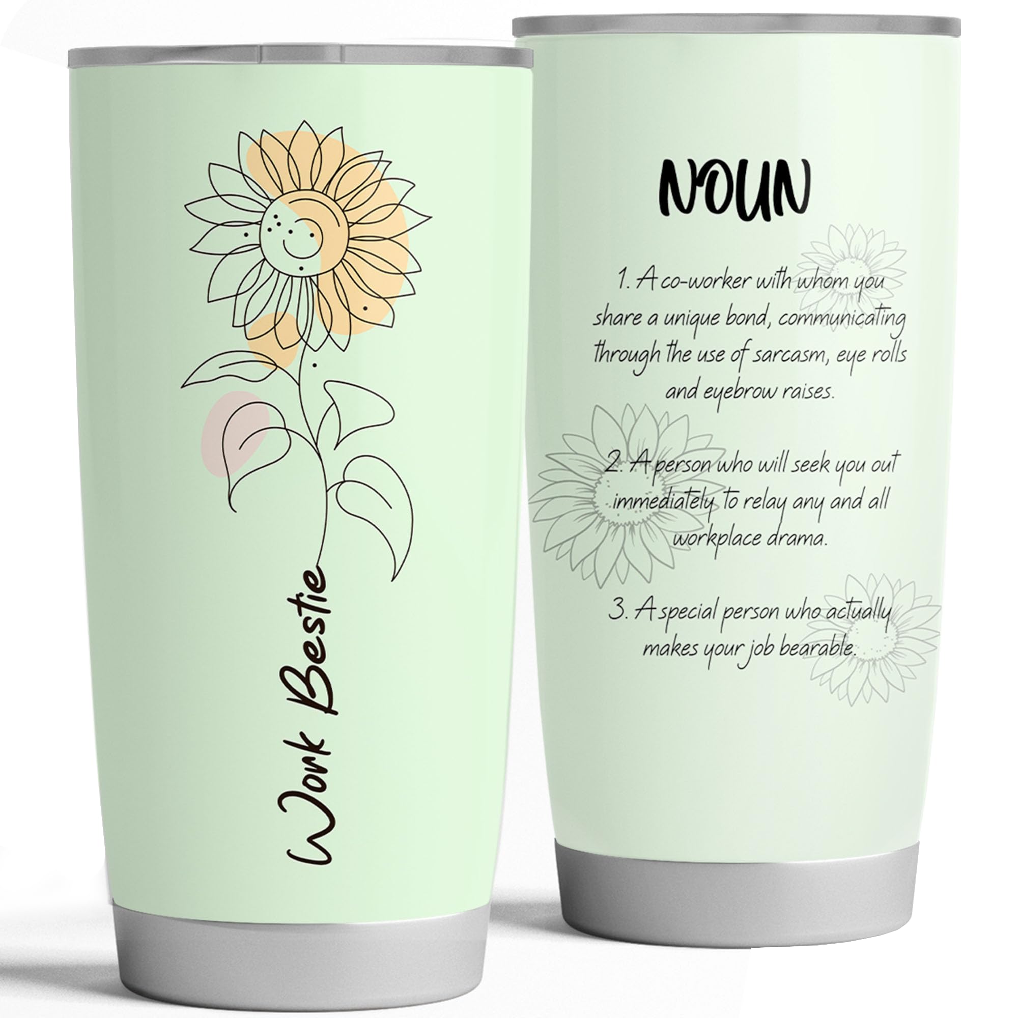 Livinges Funny Work Bestie Tumbler 20oz con tapa, perfecto para café caliente al trabajo.
