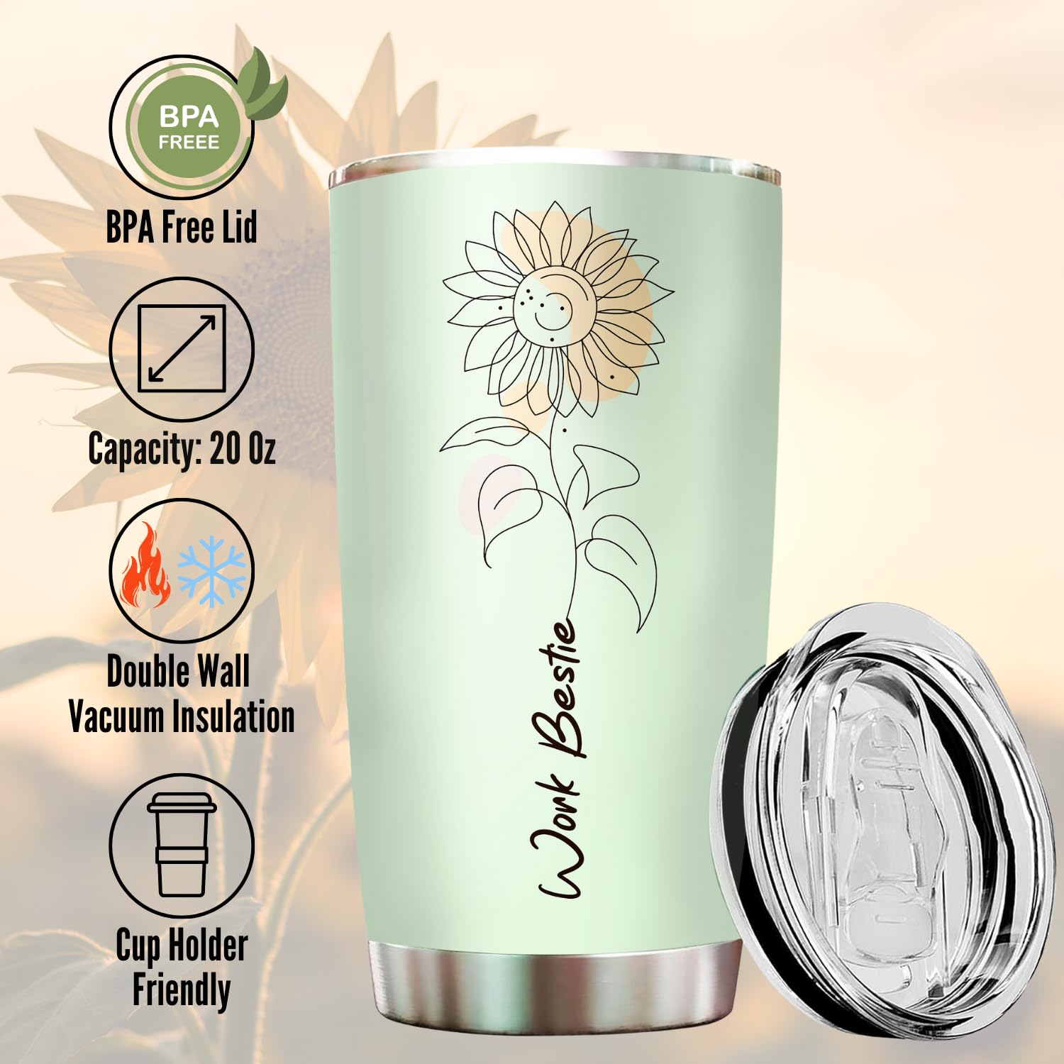 Livinges Funny Work Bestie Tumbler 20oz, acero inoxidable duradero para bebidas.