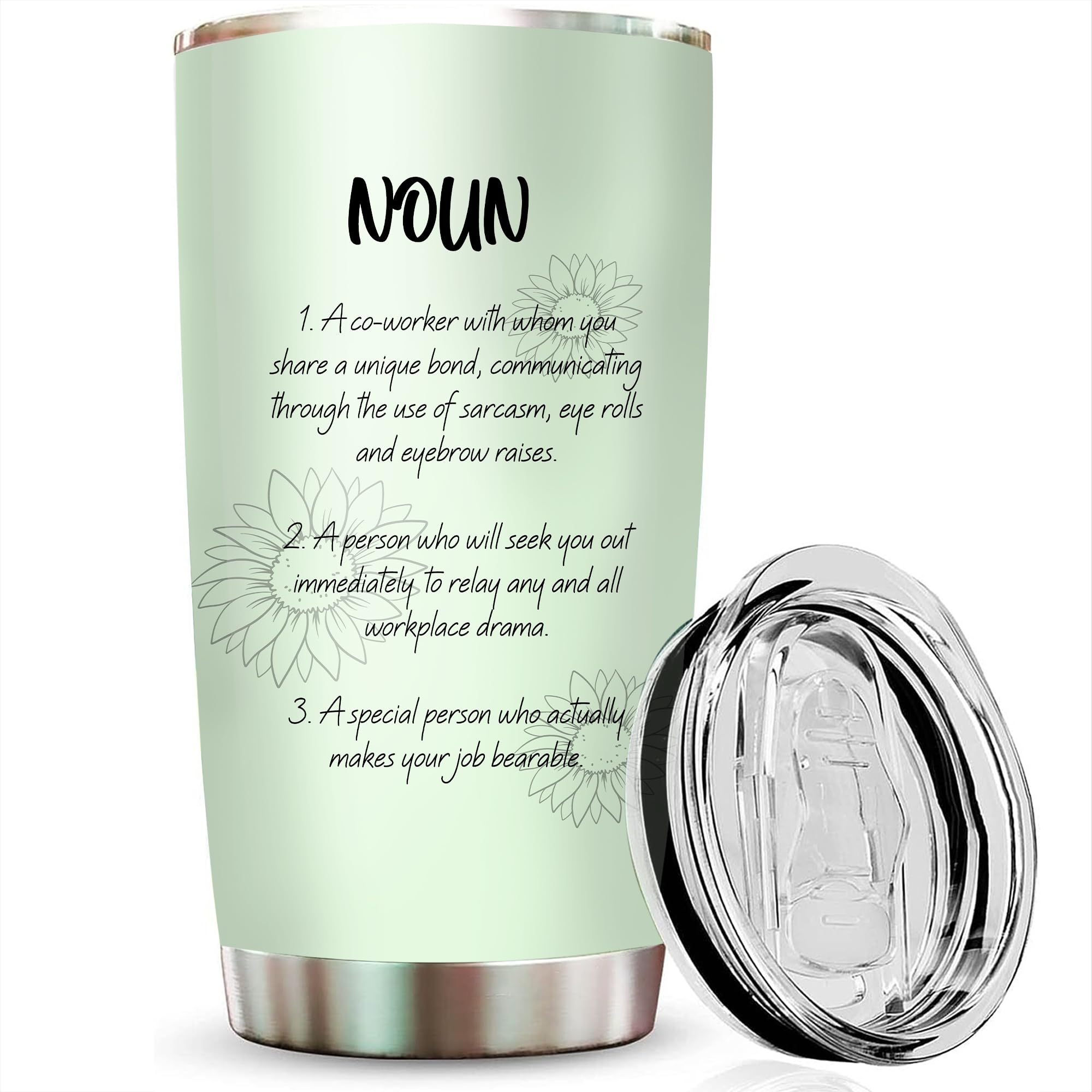 Livinges Funny Work Bestie Tumbler 20oz, diseño girasol que simboliza amistad.