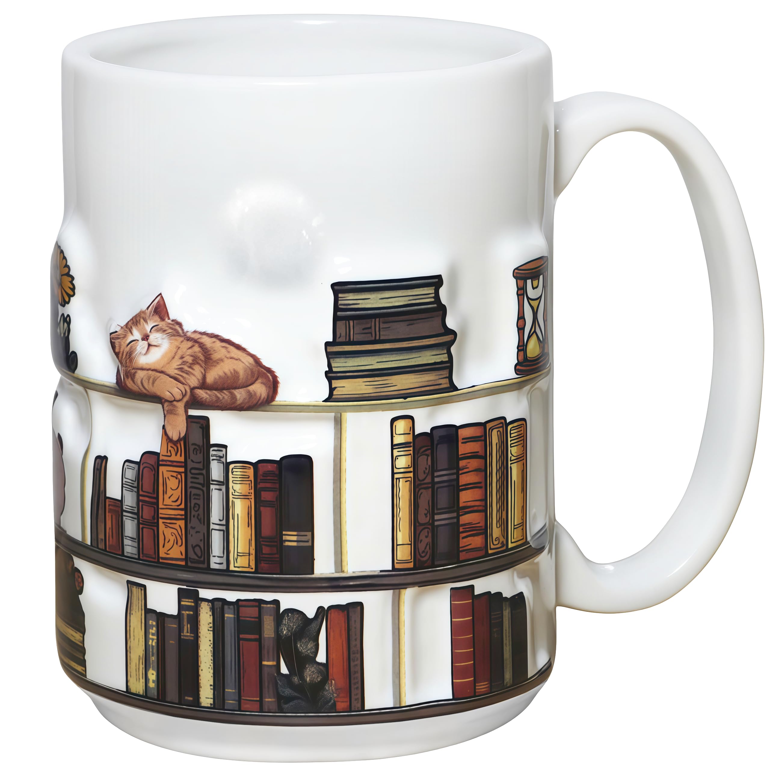 Livinges taza estantería libro 3D con gatitos, ideal para lectores curiosos.