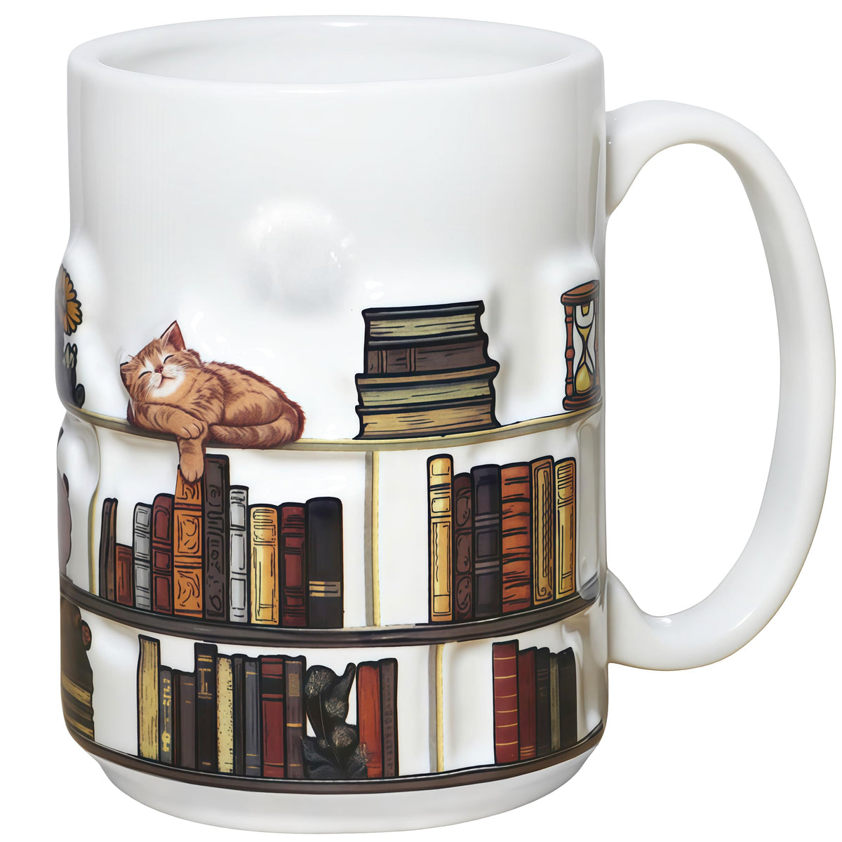 Livinges taza estantería libro 3D con gatitos, ideal para lectores curiosos.