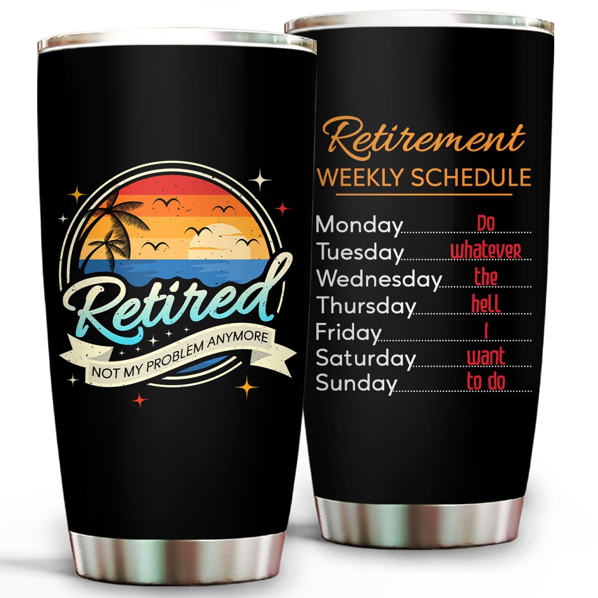 Livinges vaso térmico Retiro Feliz 20oz frente: diseño divertido para jubilación