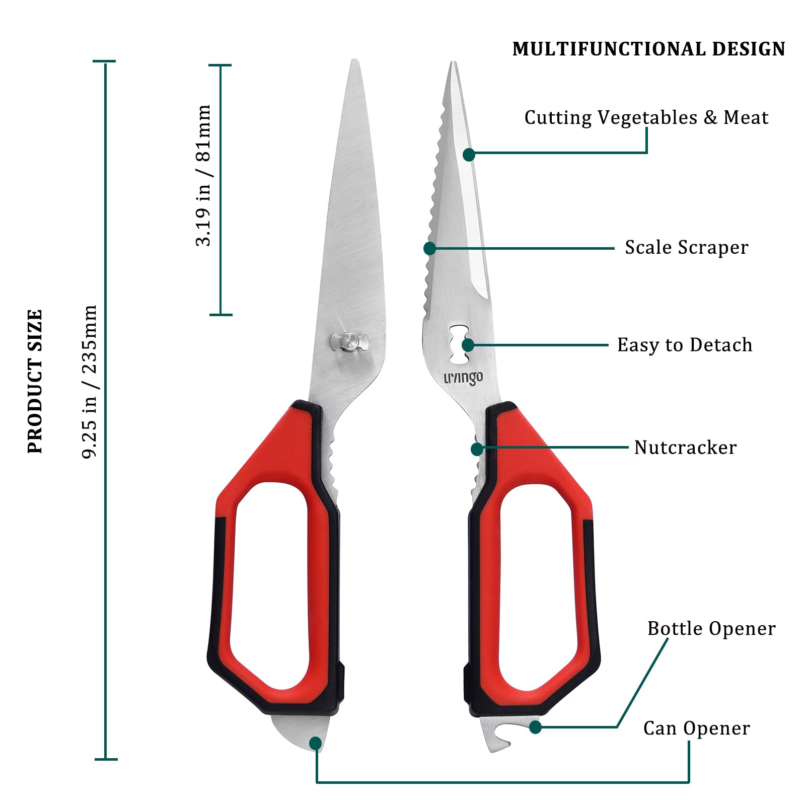 Tijeras LIVINGO con micro-serradas para cortes precisos en carnes y vegetales.