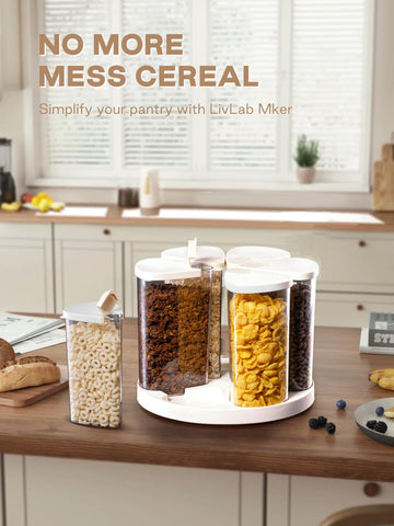 LivLab Mker dispensador cereal giratorio encimera, visualización clara de alimentos.