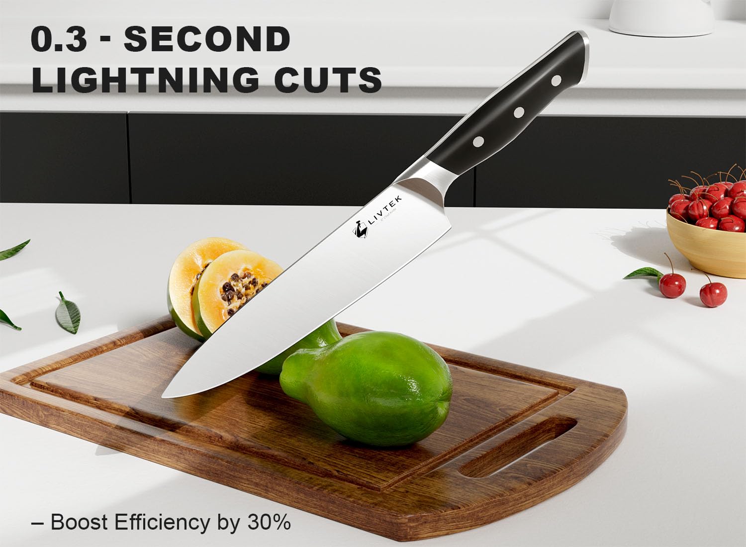 Cuchillo chef Livtek de 8 pulgadas, filo afilado para cortes precisos.