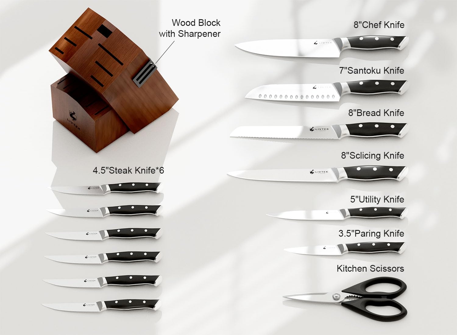 Cuchillo rebanar Livtek de 8 pulgadas, ideal para carnes y verduras.