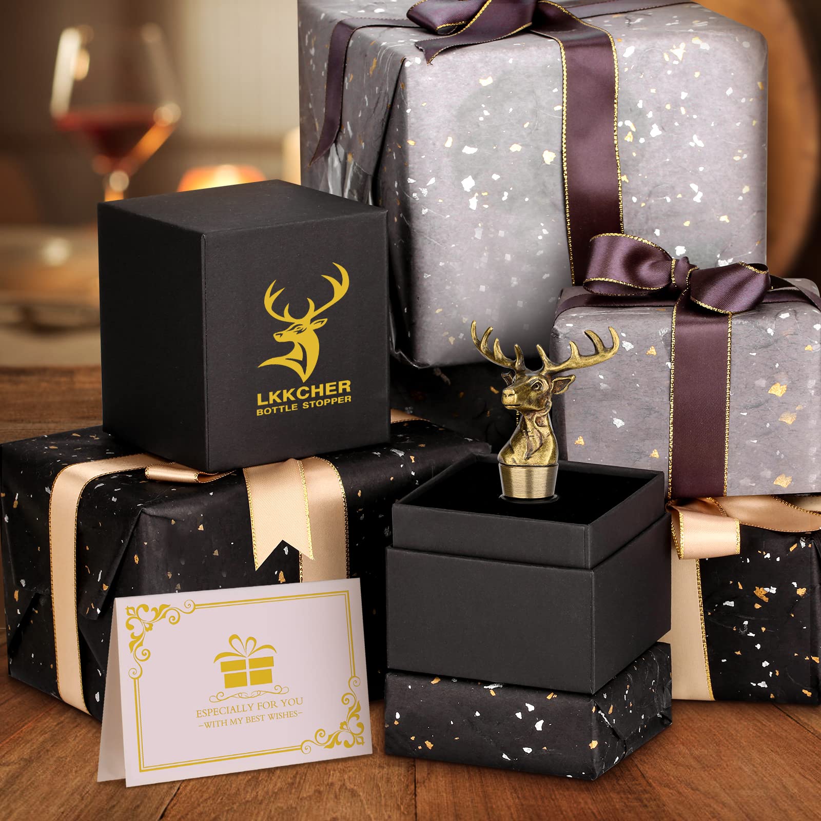 LKKCHER regalo vino ciervo bronce: regalo elegante para aficionados