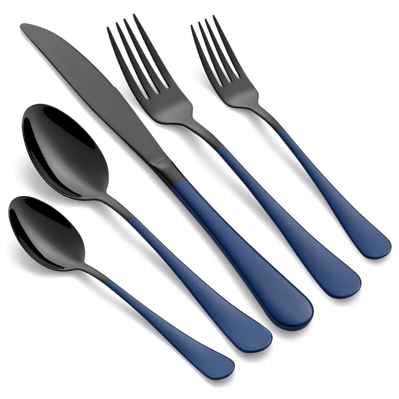Cuchillos LKTDYMEG negros con mangos azul, ideal para una mesa elegante.