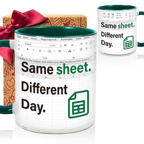 Taza LLTAYQZ con diseño Excel de oficina, ideal para empezar el día con humor.