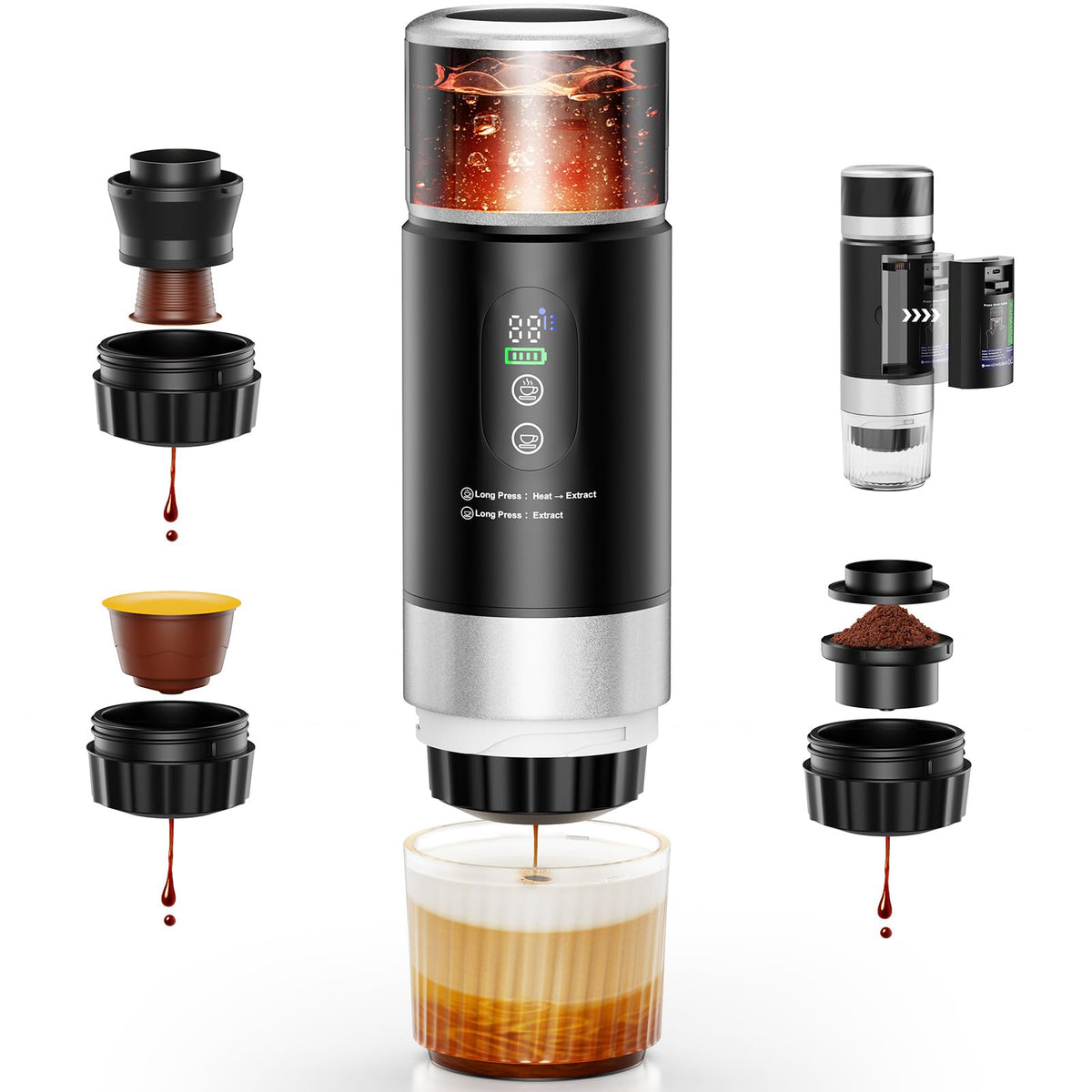Lmozim Cafetera espresso portátil frente, lista para uso en exteriores.
