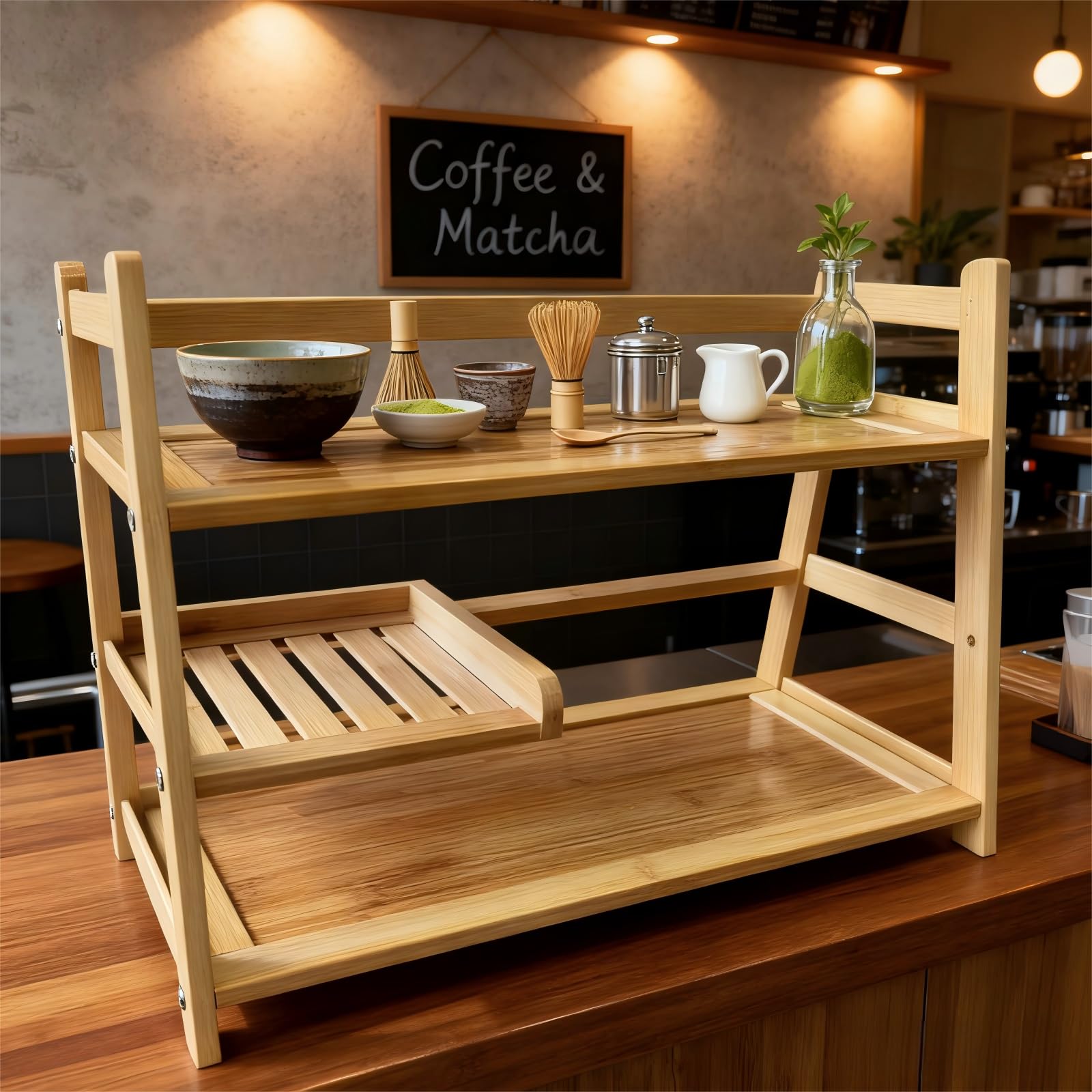 Exhibicion de bambú Lnncdsc para tazas y colecciones de café.