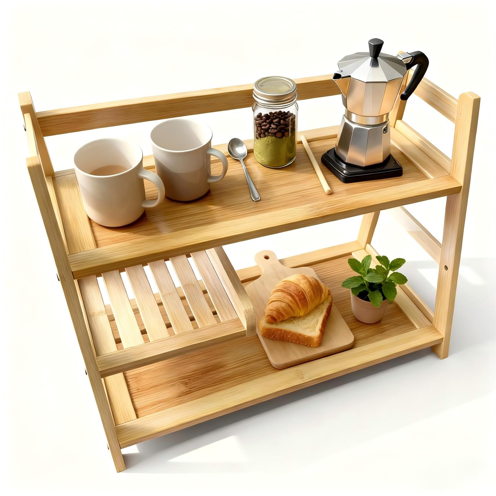 Organizador de bambú Lnncdsc, tres niveles para tazas y herramientas de matcha.