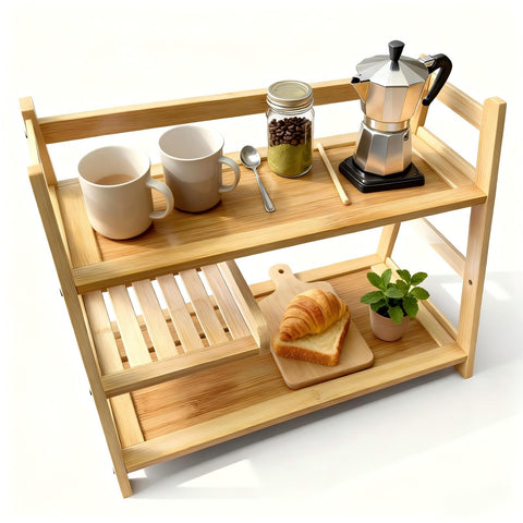 Organizador de bambú Lnncdsc, tres niveles para tazas y herramientas de matcha.