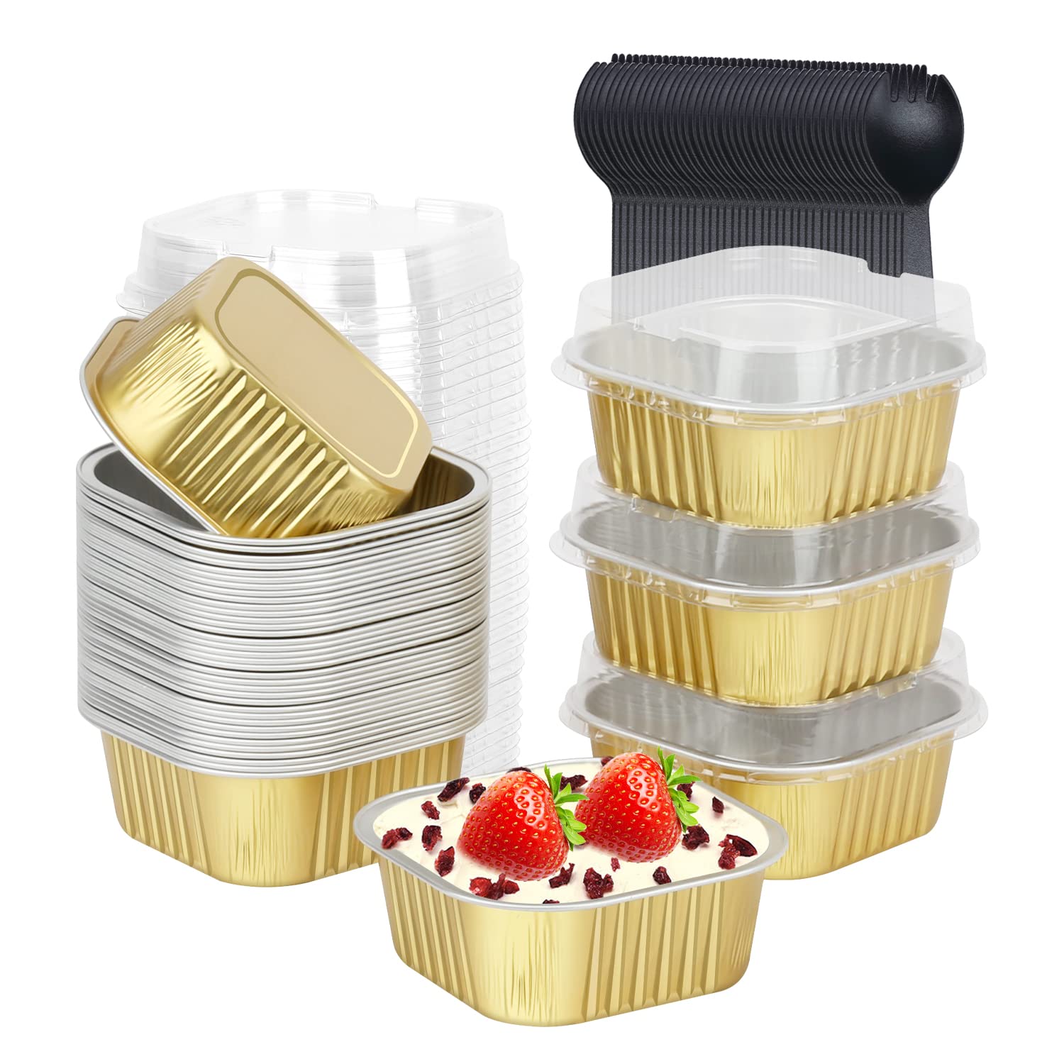 LNYZQUS moldes cupcakes aluminio 10oz cuadrados con tapa, porciones individuales fáciles de servir.