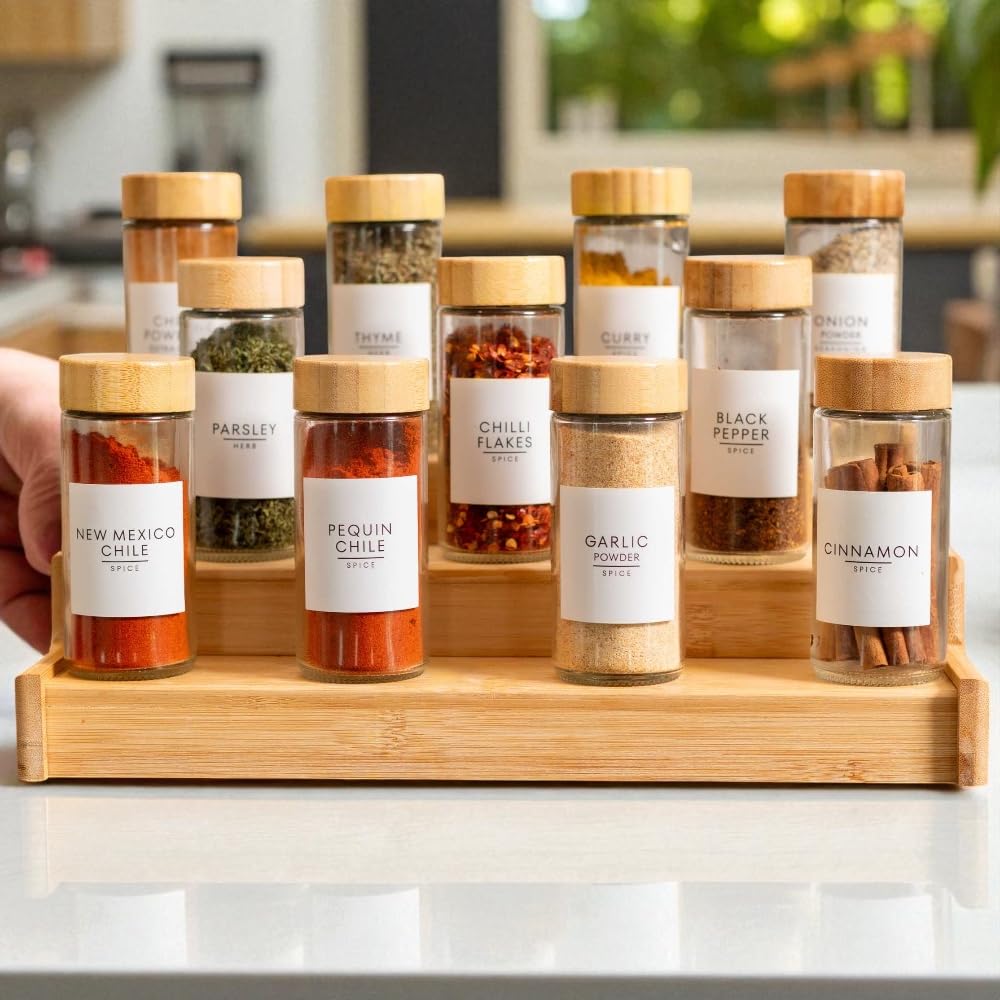 Locale Labels tarros-especias-vidrio-120ml con dispensadores para dosificar fácilmente los condimentos.