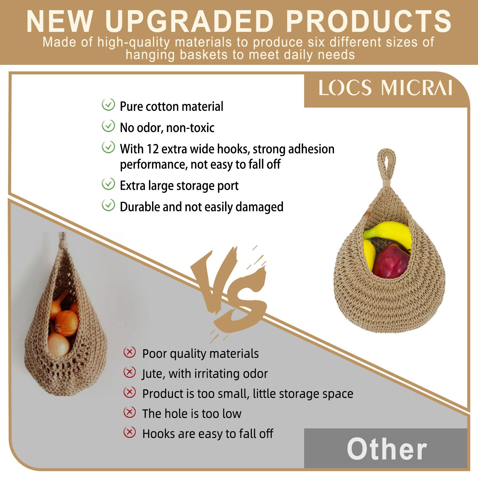 LOCS MICRAI cestas para fruta en pared con tejido natural y estilo elegante.