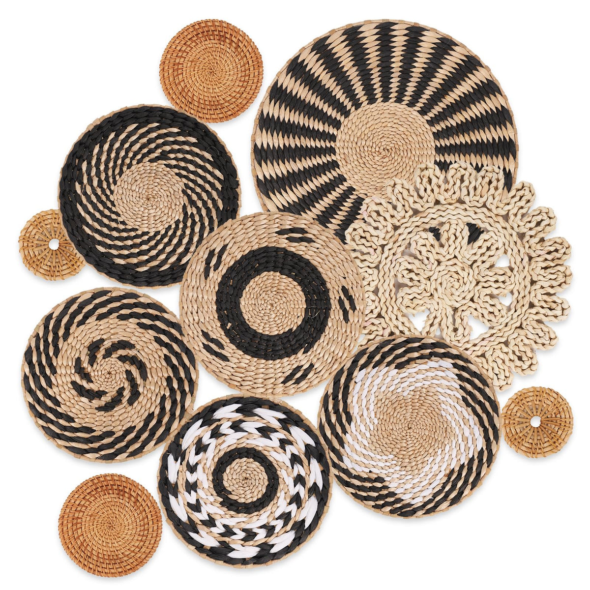 LOCS MICRAI cestas-pared-boho-set-11, negro retro, ideal para murales artesanales.