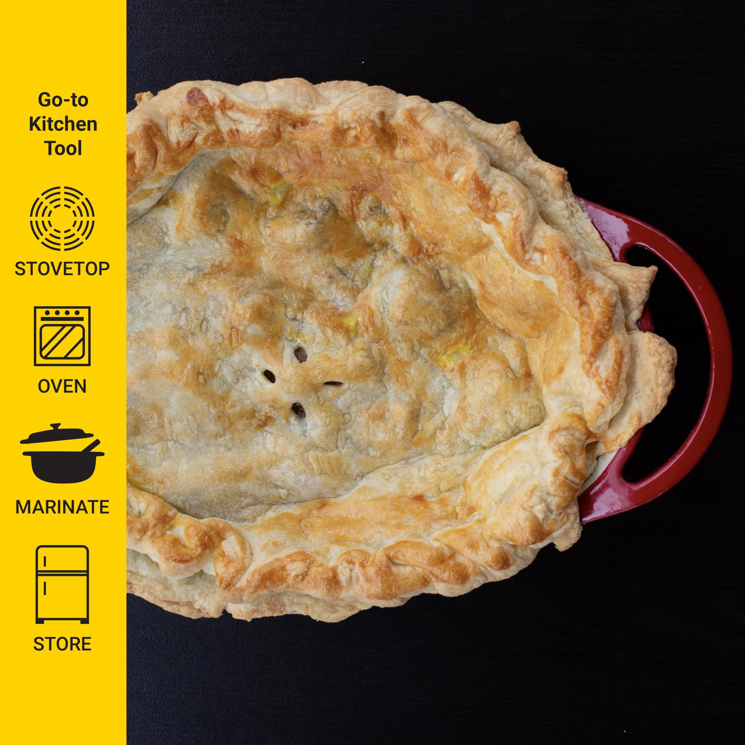 Lodge cazuela oval esmaltada apta para horno hasta 500 °F, ideal para guisos.