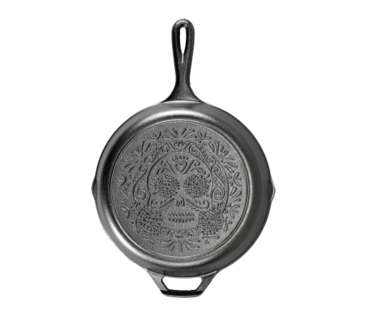 Sartén Lodge de hierro fundido 10,25 pulgadas con asa lágrima y calavera azucarada.