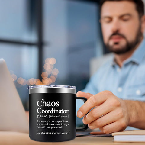Loecuxe Chaos Coordinator Mug 14oz: acero inoxidable 18/8 de grado alimentario.