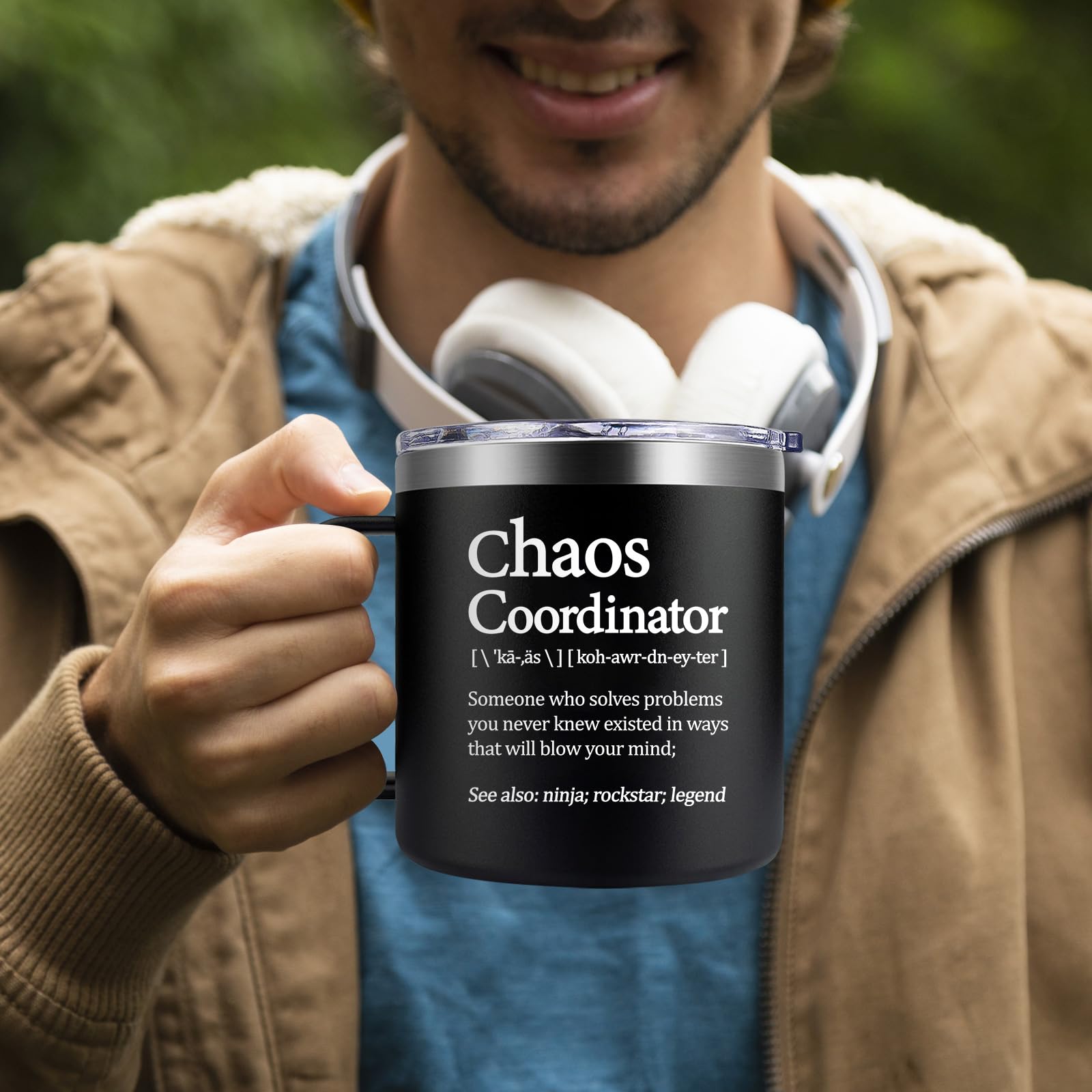 Loecuxe Chaos Coordinator Mug 14oz: cuchara para café incluida para mezclar fácilmente.