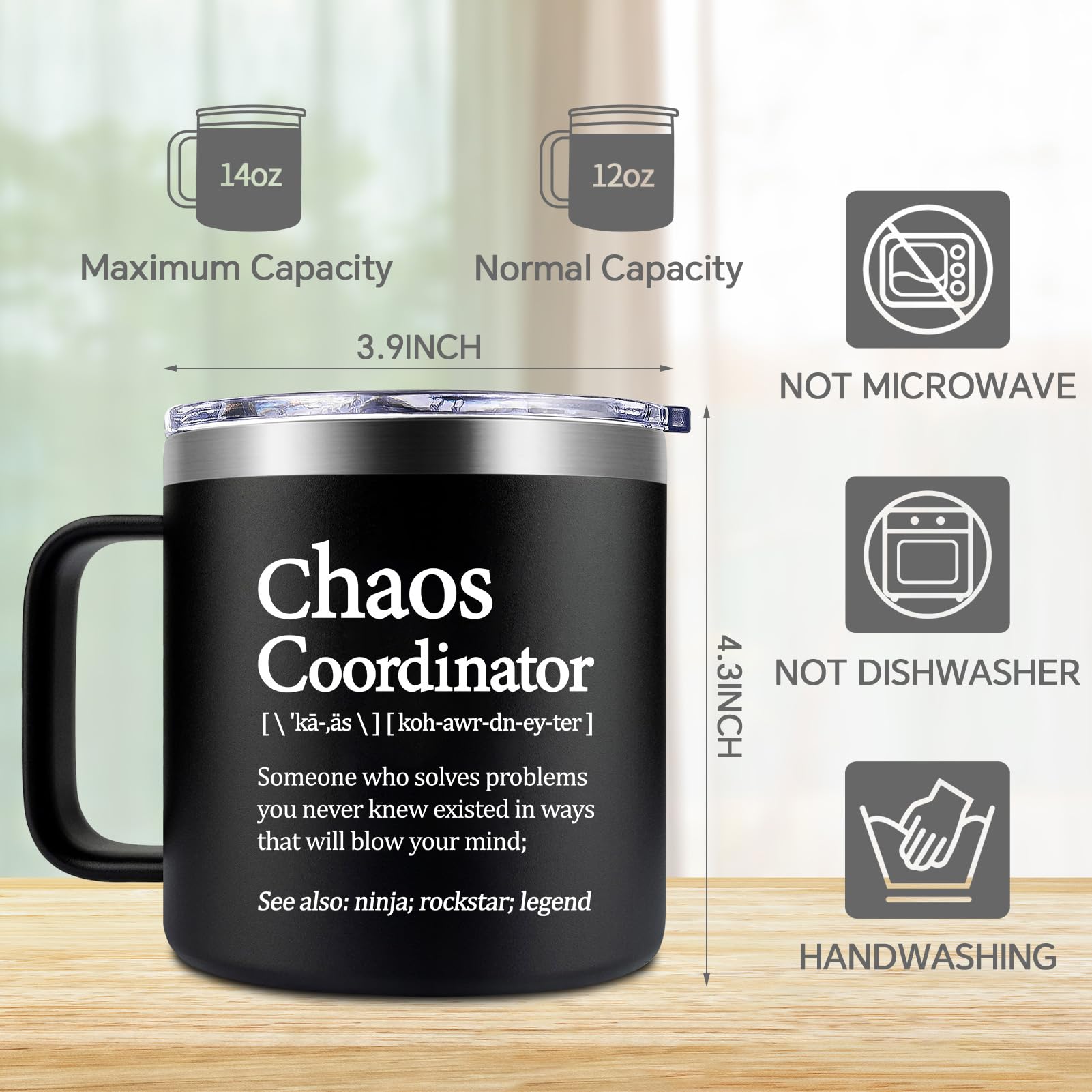 Loecuxe Chaos Coordinator Mug 14oz: doble pared mantiene bebidas a temperatura óptima.